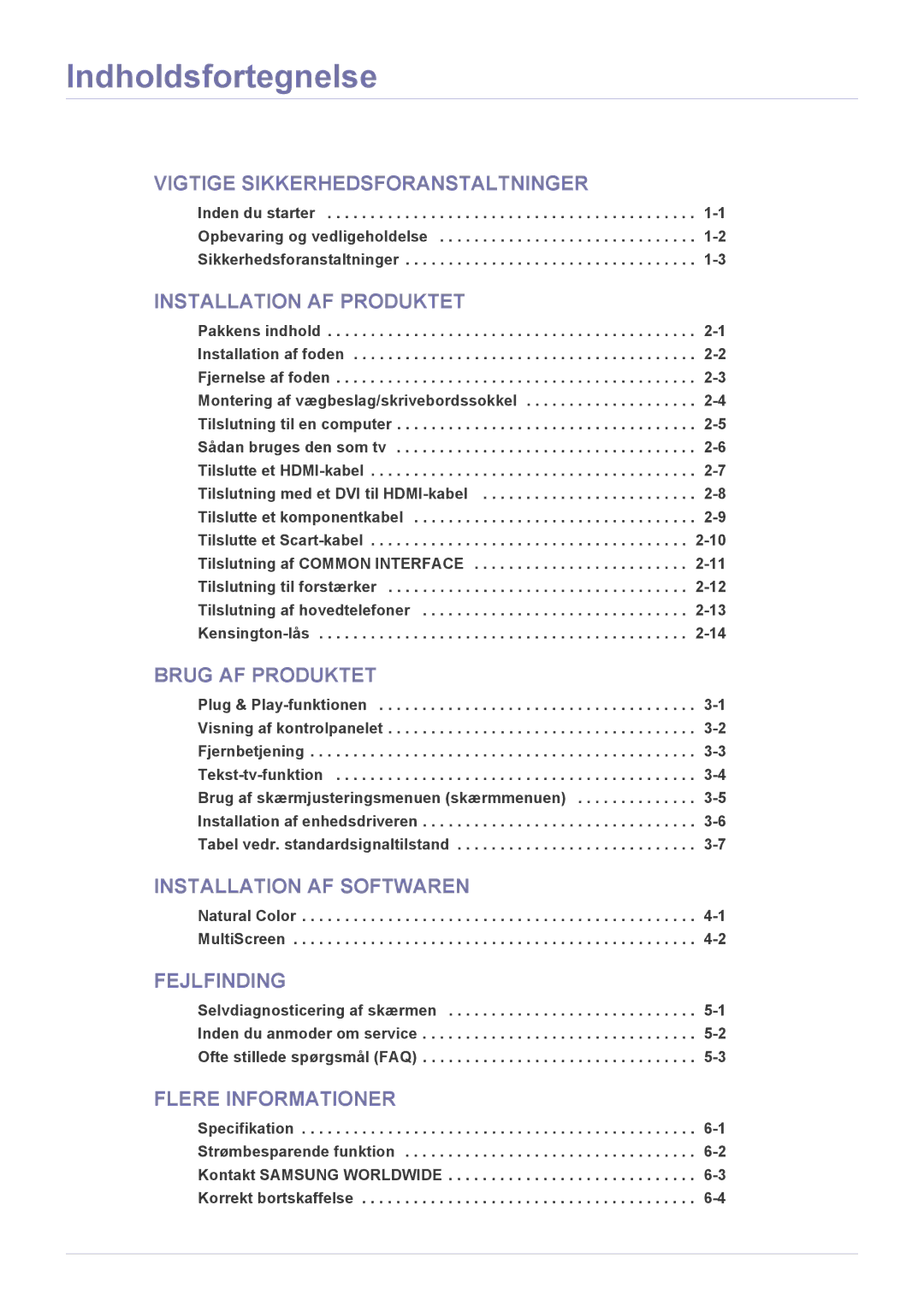 Samsung LS23EMDKU/XE, LS22EMDKU/XE manual Indholdsfortegnelse, Natural Color -1 MultiScreen 