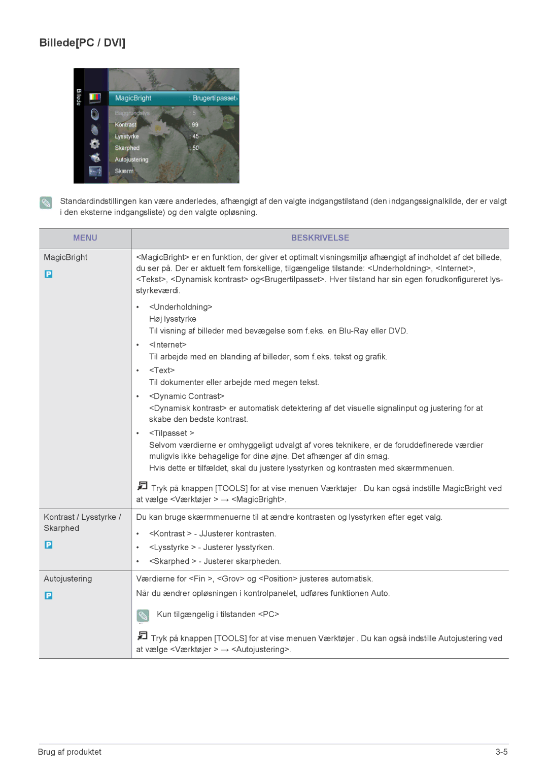 Samsung LS23EMDKU/XE, LS22EMDKU/XE manual BilledePC / DVI, Menu Beskrivelse 
