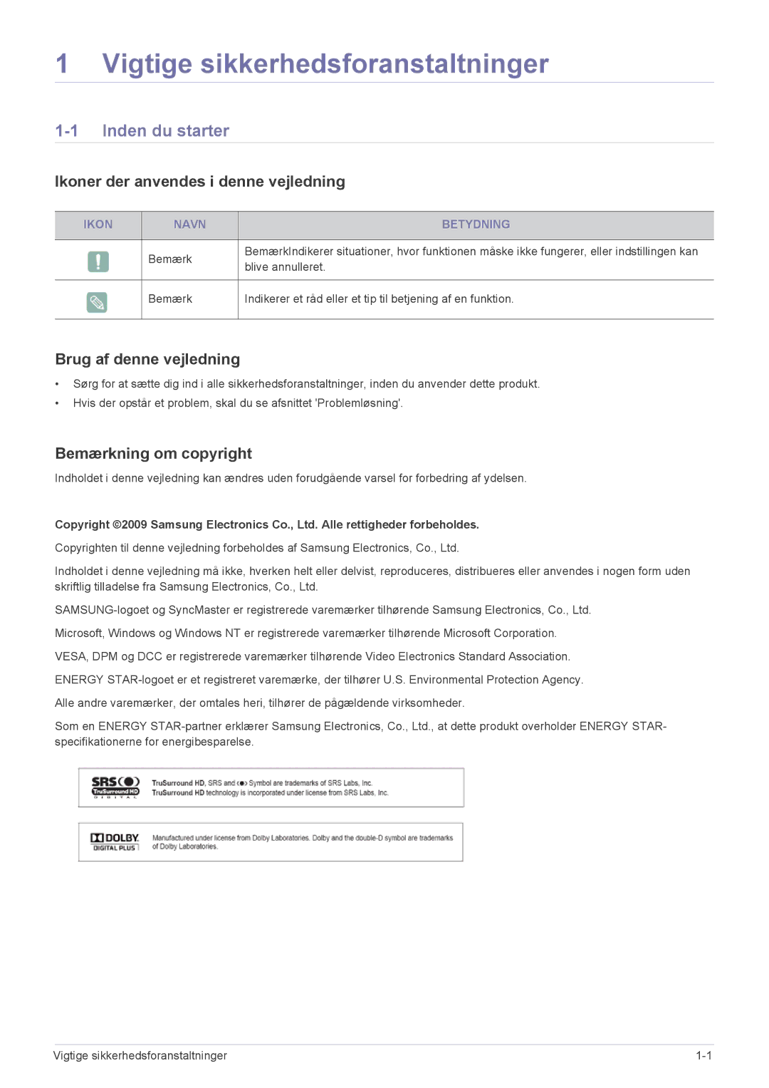 Samsung LS23EMDKU/XE, LS22EMDKU/XE manual Inden du starter, Ikoner der anvendes i denne vejledning, Brug af denne vejledning 