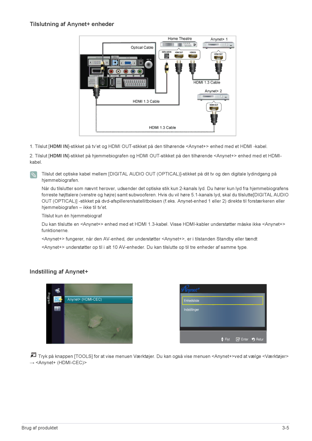 Samsung LS23EMDKU/XE, LS22EMDKU/XE manual Tilslutning af Anynet+ enheder 