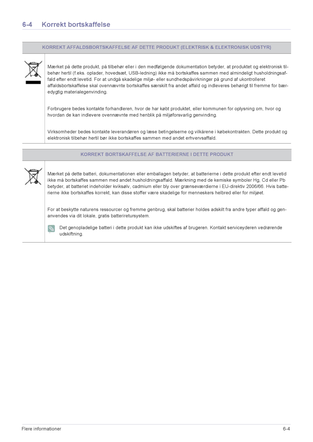 Samsung LS23EMDKU/XE, LS22EMDKU/XE manual Korrekt bortskaffelse, Korrekt Bortskaffelse AF Batterierne I Dette Produkt 