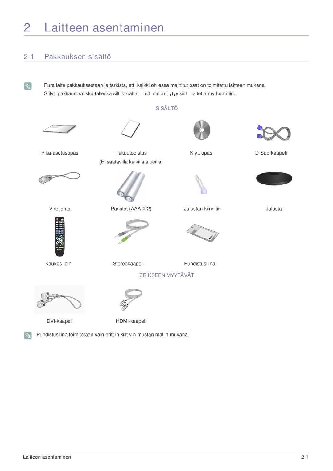 Samsung LS23EMDKU/XE, LS22EMDKU/XE manual Pakkauksen sisältö, Sisältö, Erikseen Myytävät 