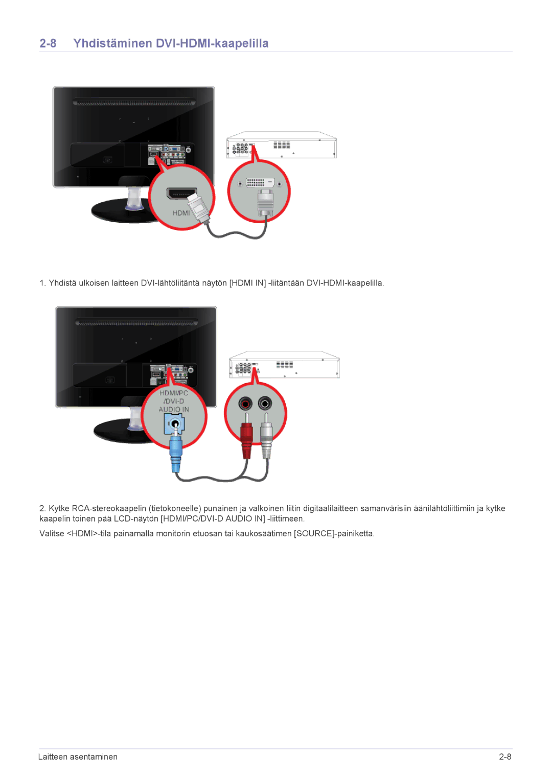 Samsung LS23EMDKU/XE, LS22EMDKU/XE manual Yhdistäminen DVI-HDMI-kaapelilla 