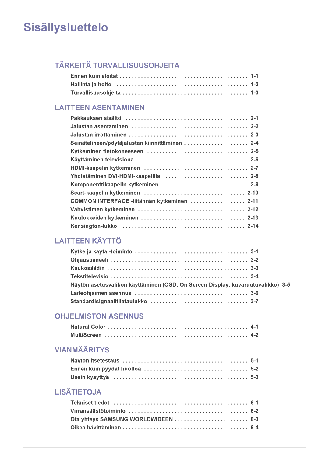 Samsung LS23EMDKU/XE, LS22EMDKU/XE manual Sisällysluettelo, Natural Color -1 MultiScreen 