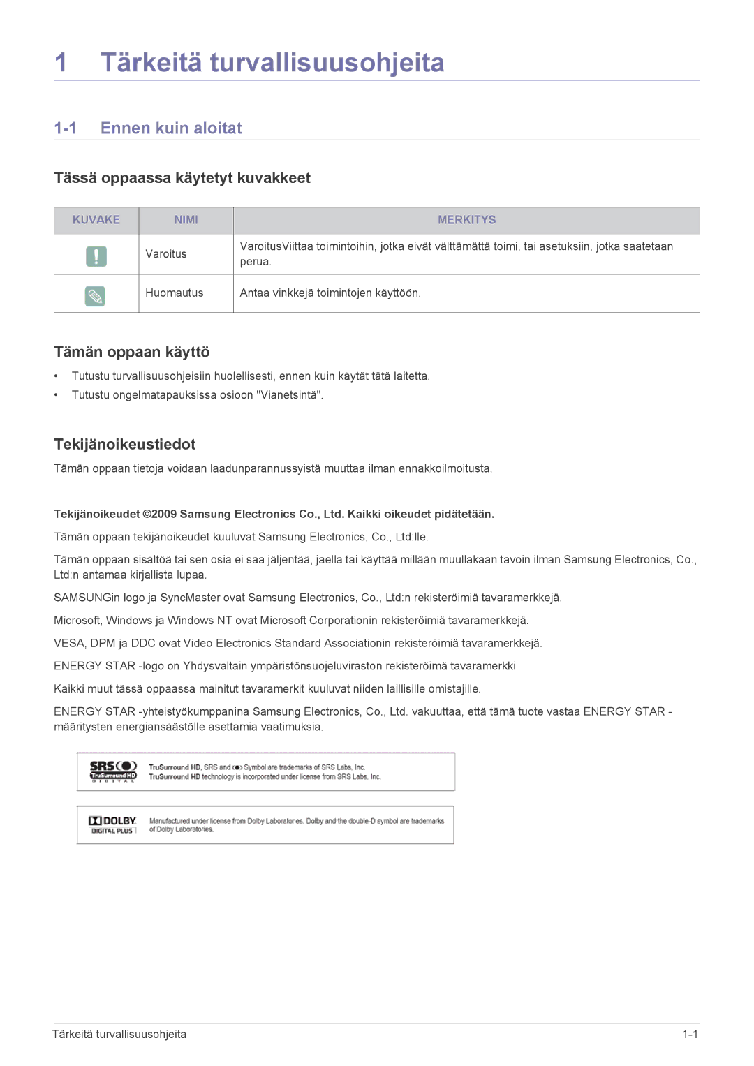 Samsung LS23EMDKU/XE manual Ennen kuin aloitat, Tässä oppaassa käytetyt kuvakkeet, Tämän oppaan käyttö, Tekijänoikeustiedot 