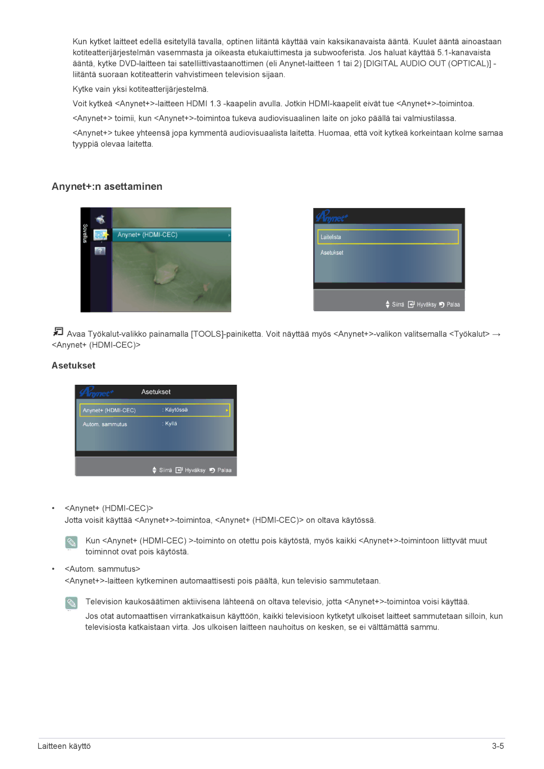 Samsung LS23EMDKU/XE, LS22EMDKU/XE manual Anynet+n asettaminen 