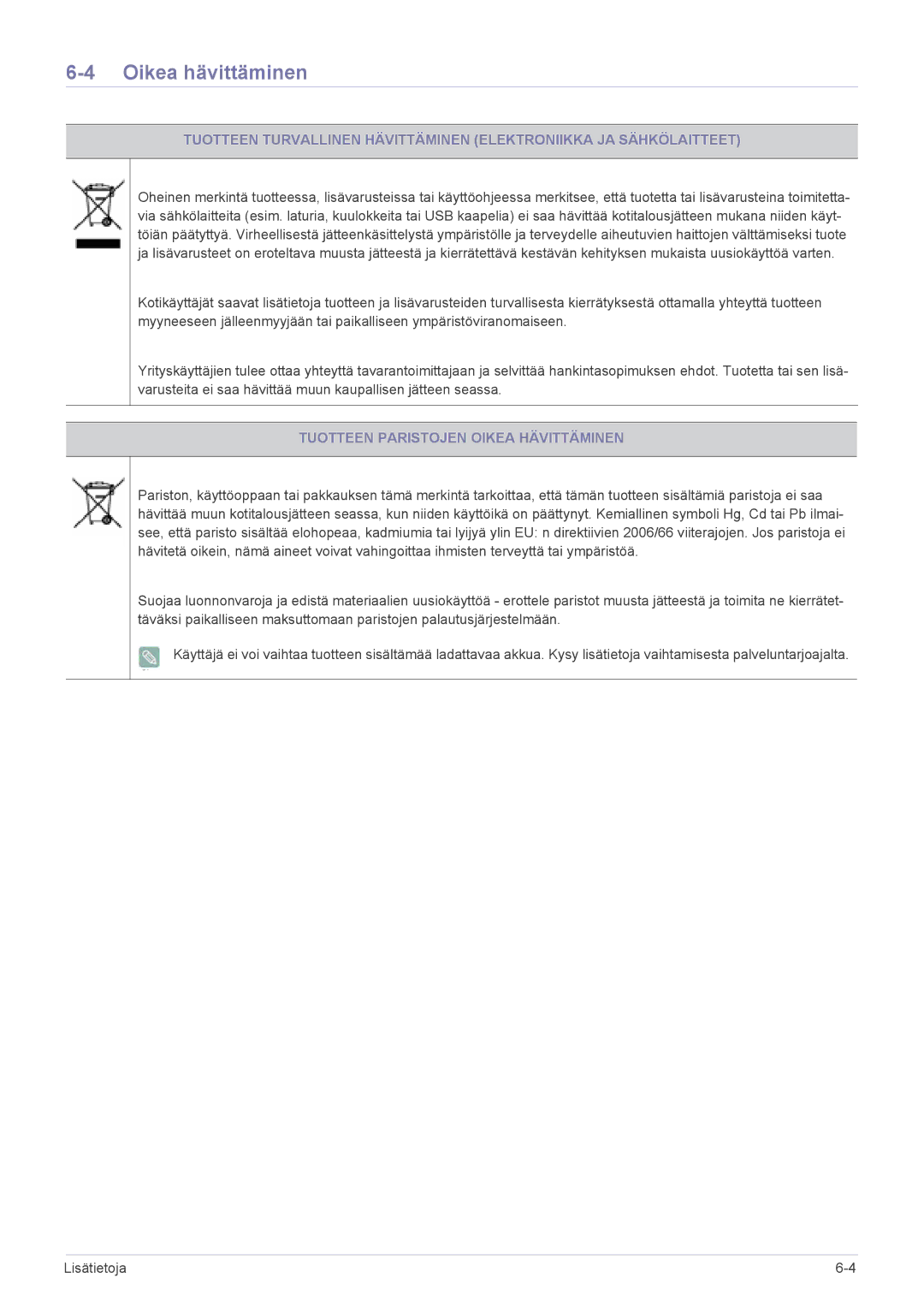 Samsung LS23EMDKU/XE, LS22EMDKU/XE manual Oikea hävittäminen, Tuotteen Paristojen Oikea Hävittäminen 