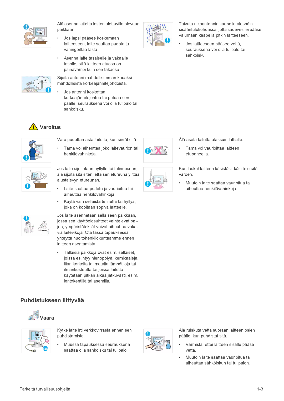 Samsung LS23EMDKU/XE, LS22EMDKU/XE manual Puhdistukseen liittyvää, Kytke laite irti verkkovirrasta ennen sen puhdistamista 