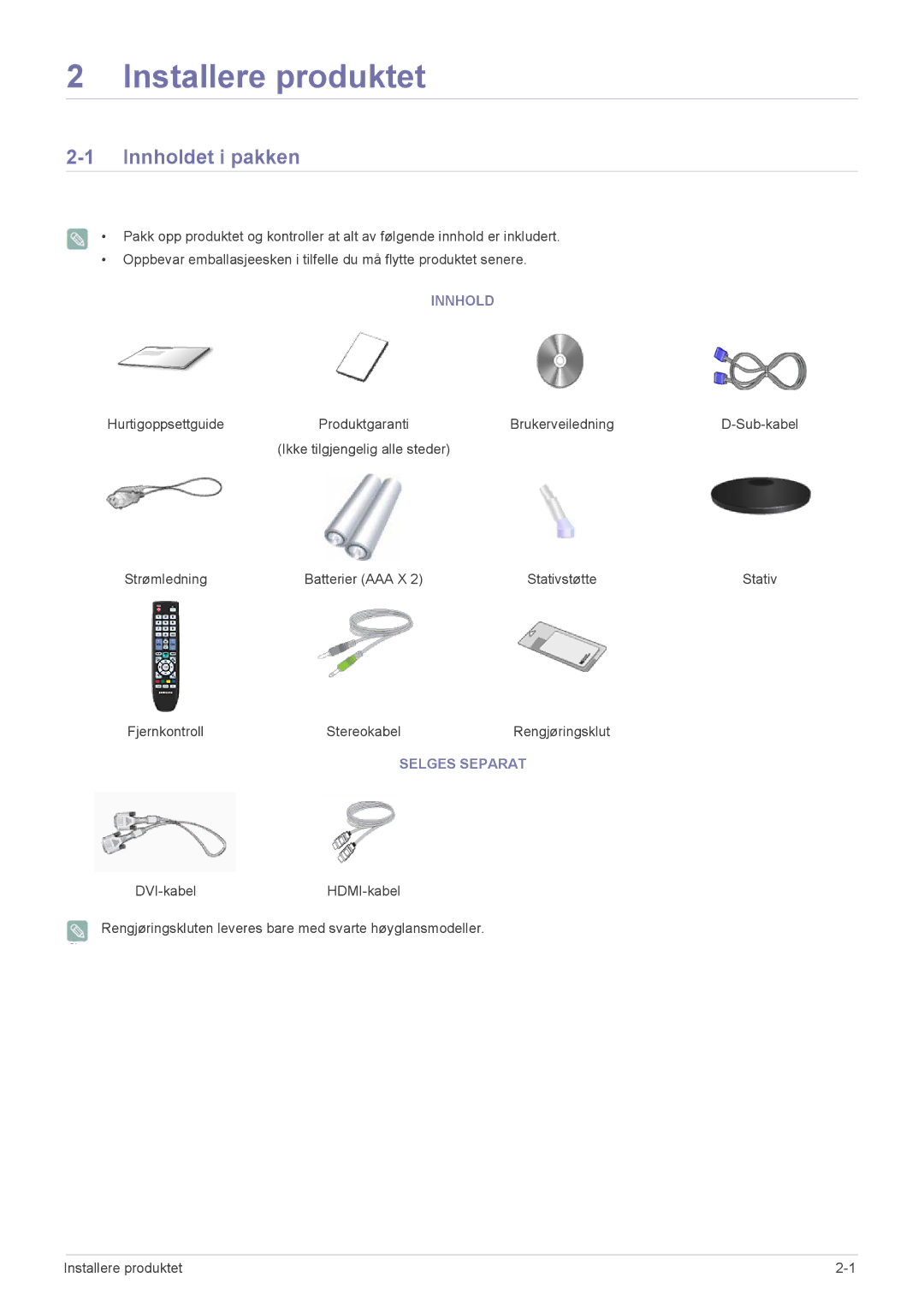 Samsung LS23EMDKU/XE, LS22EMDKU/XE manual Innholdet i pakken, Selges Separat 