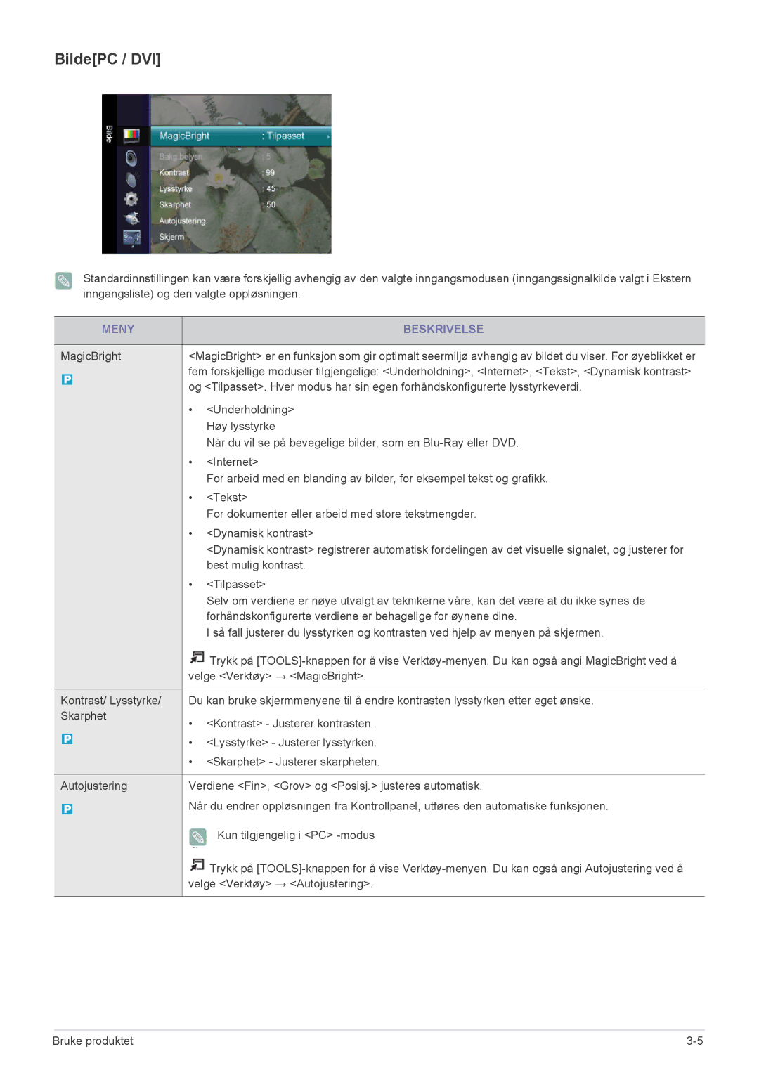 Samsung LS23EMDKU/XE, LS22EMDKU/XE manual BildePC / DVI, Meny Beskrivelse 