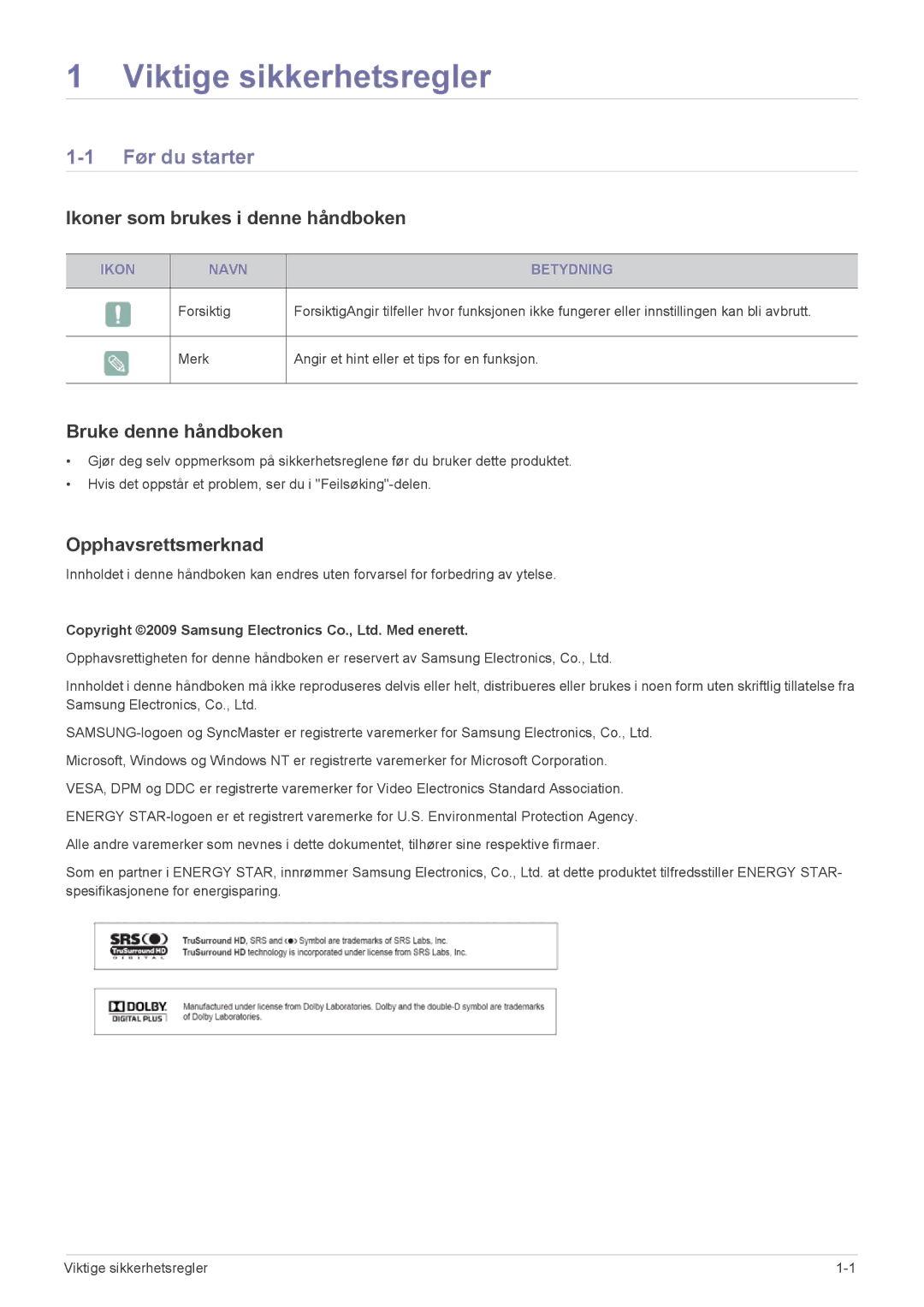 Samsung LS23EMDKU/XE manual Før du starter, Ikoner som brukes i denne håndboken, Bruke denne håndboken, Opphavsrettsmerknad 