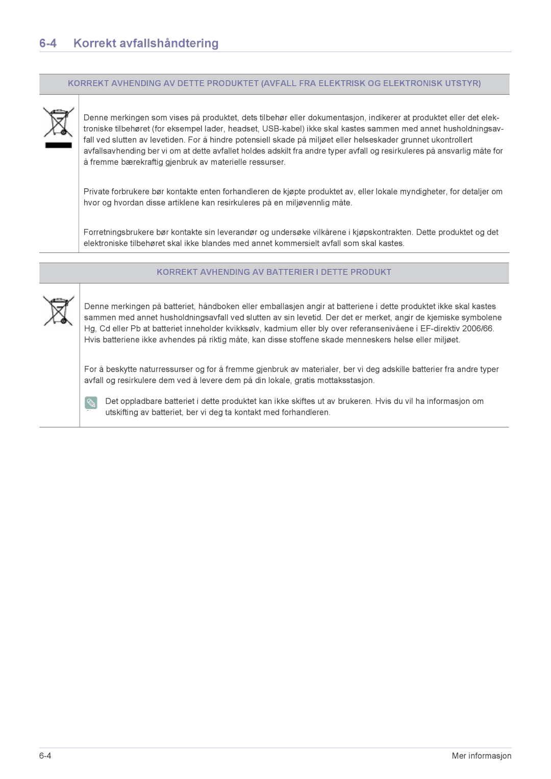 Samsung LS22EMDKU/XE, LS23EMDKU/XE manual Korrekt avfallshåndtering, Korrekt Avhending AV Batterier I Dette Produkt 