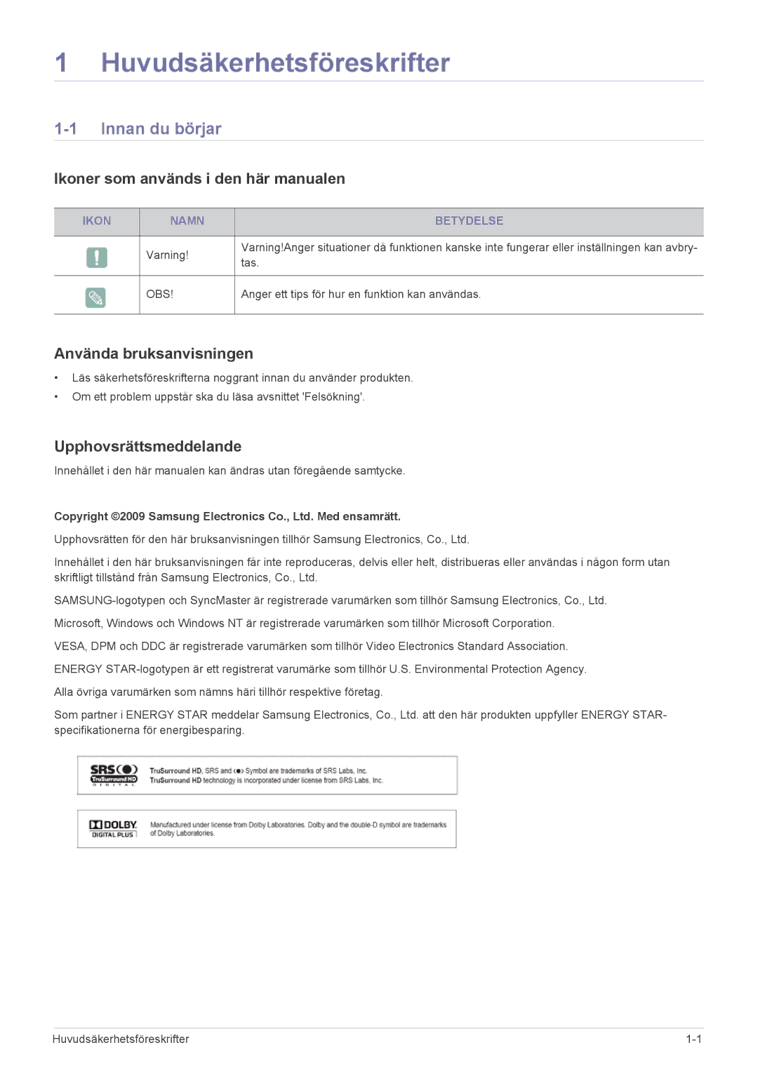 Samsung LS23EMDKU/XE Innan du börjar, Ikoner som används i den här manualen, Använda bruksanvisningen, Ikon Namn Betydelse 