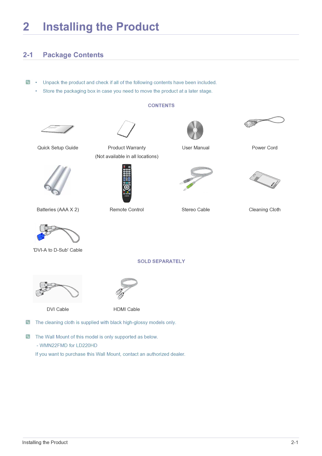 Samsung LS22FMDGF/XE, LS22FMDGF/EN manual Installing the Product, Package Contents 