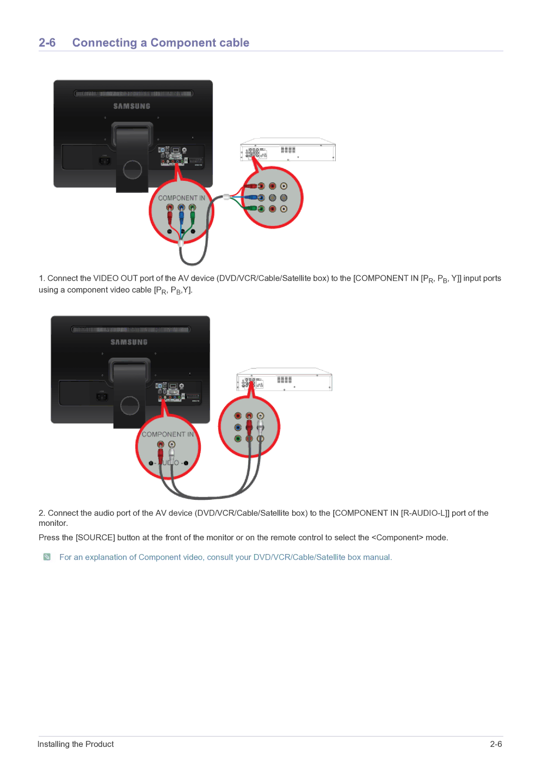 Samsung LS22FMDGF/XE, LS22FMDGF/EN manual Connecting a Component cable 