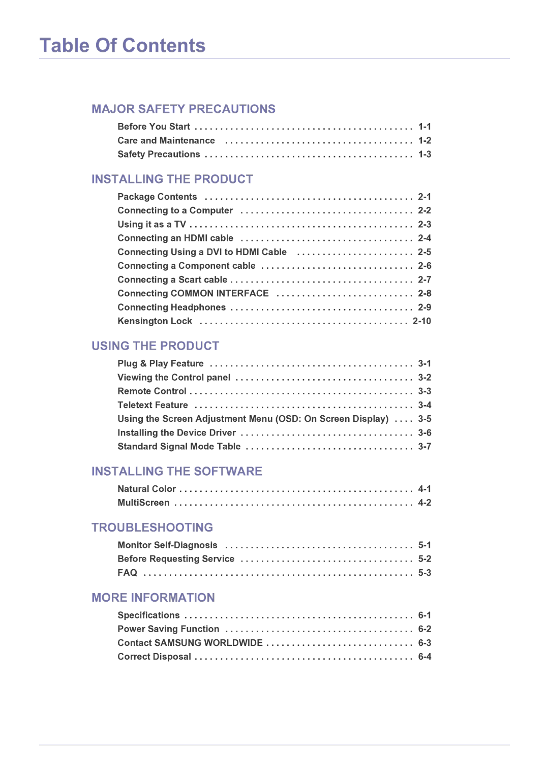 Samsung LS22FMDGF/EN, LS22FMDGF/XE manual Table Of Contents 