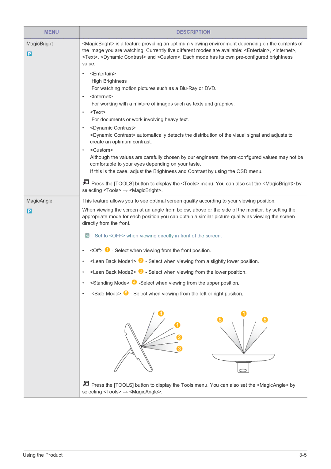 Samsung LS22FMDGF/XE, LS22FMDGF/EN manual Menu Description, Set to OFF when viewing directly in front of the screen 