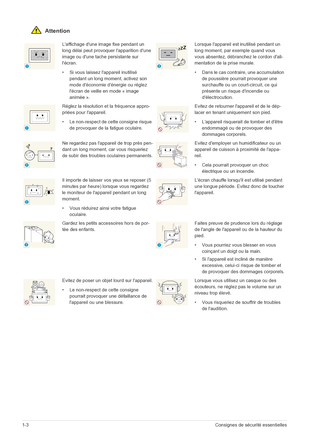 Samsung LS22FMDGF/EN manual Consignes de sécurité essentielles 