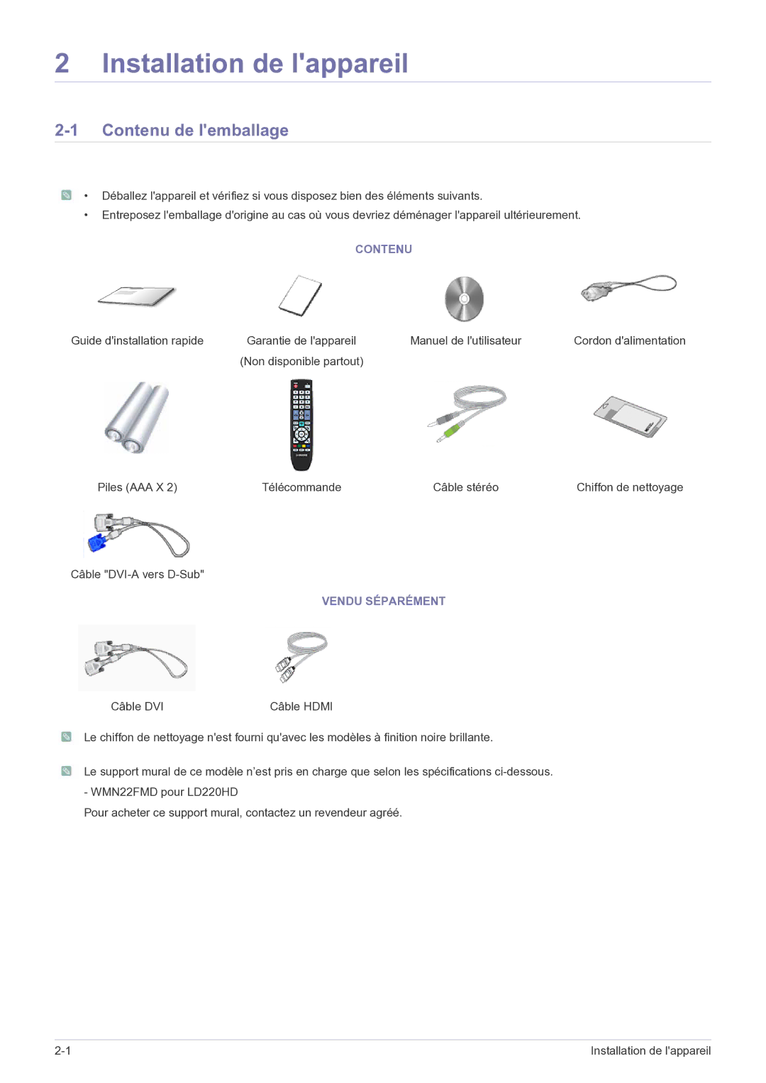 Samsung LS22FMDGF/EN manual Contenu de lemballage, Vendu Séparément 