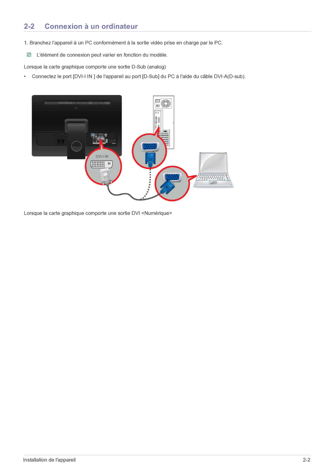 Samsung LS22FMDGF/EN manual Connexion à un ordinateur 