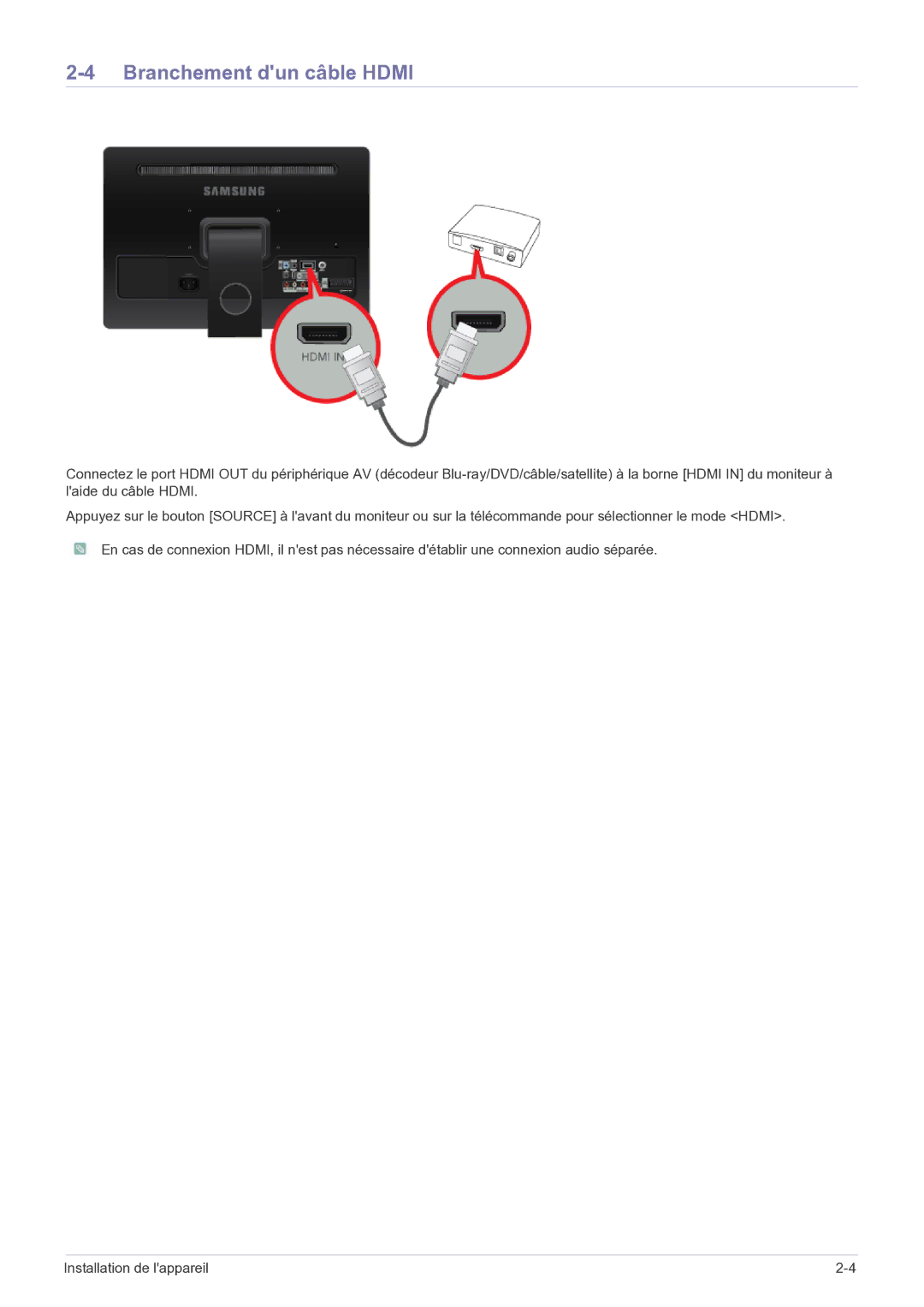 Samsung LS22FMDGF/EN manual Branchement dun câble Hdmi 