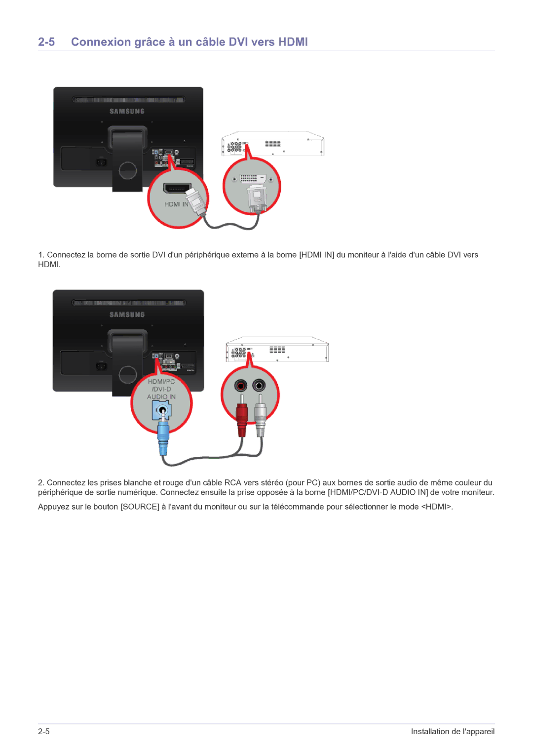 Samsung LS22FMDGF/EN manual Connexion grâce à un câble DVI vers Hdmi 