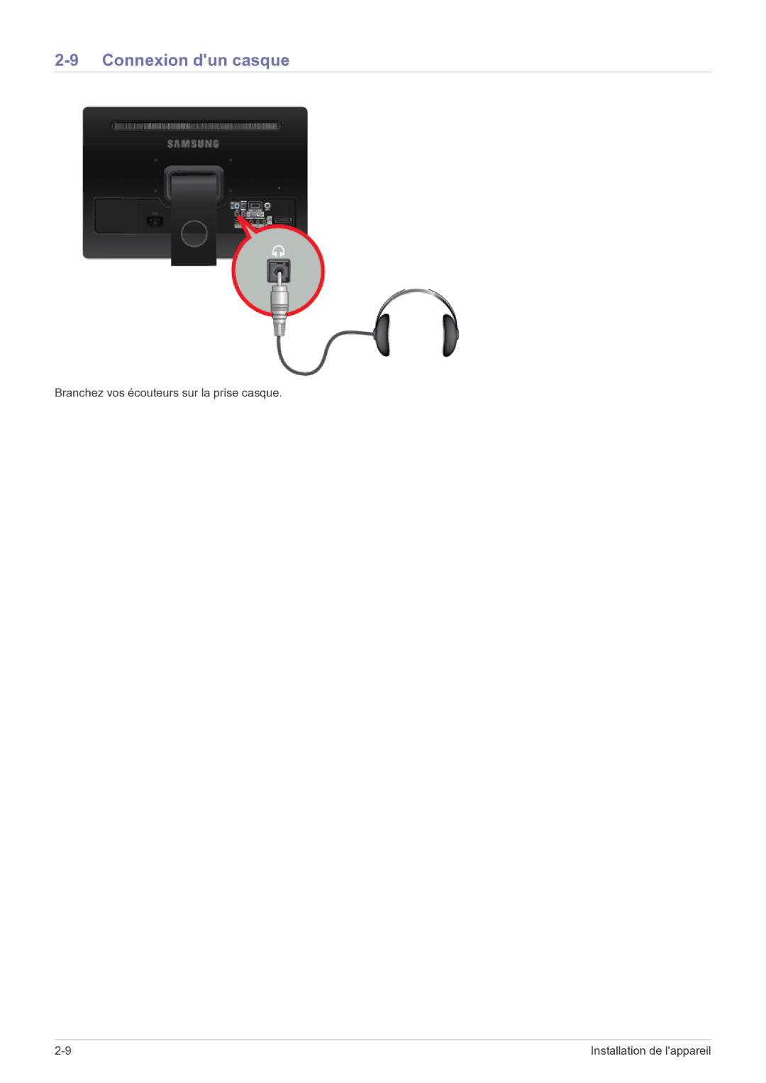 Samsung LS22FMDGF/EN manual Connexion dun casque, Branchez vos écouteurs sur la prise casque 