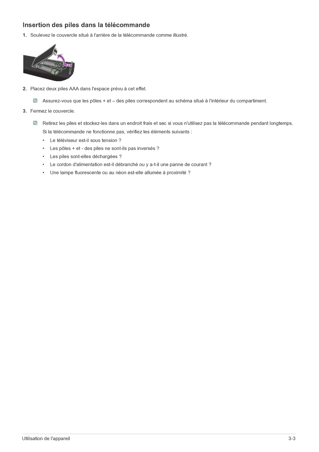 Samsung LS22FMDGF/EN manual Insertion des piles dans la télécommande 