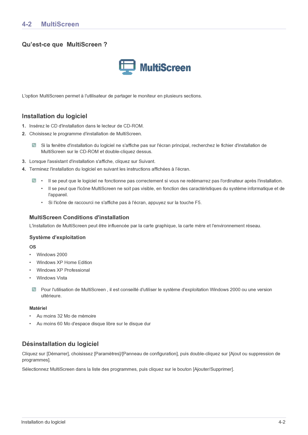 Samsung LS22FMDGF/EN Qu’est-ce que MultiScreen ?, Installation du logiciel, Désinstallation du logiciel, Matériel 