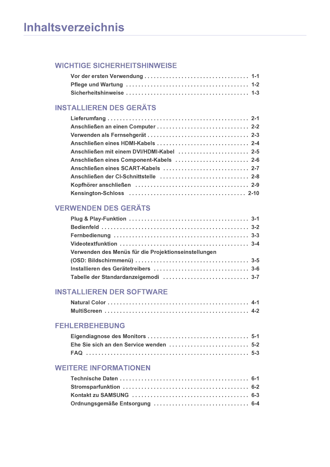 Samsung LS22FMDGF/EN manual Inhaltsverzeichnis, Natural Color -1 MultiScreen 