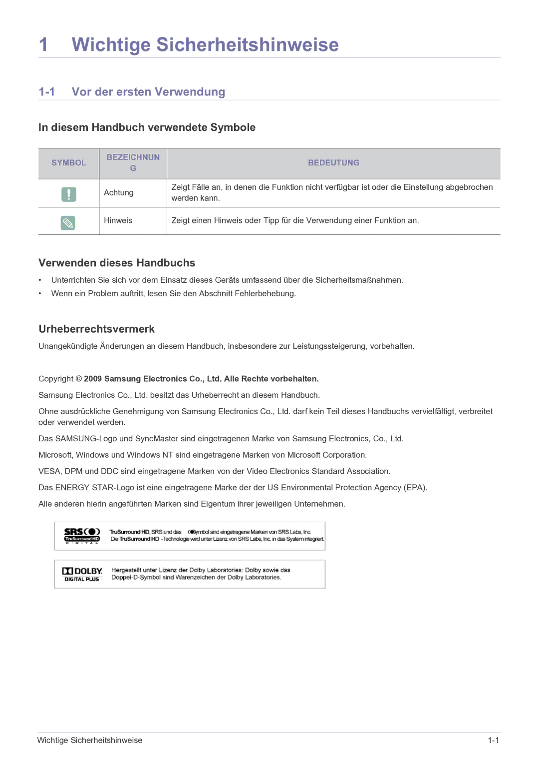 Samsung LS22FMDGF/EN manual Vor der ersten Verwendung, Diesem Handbuch verwendete Symbole, Verwenden dieses Handbuchs 