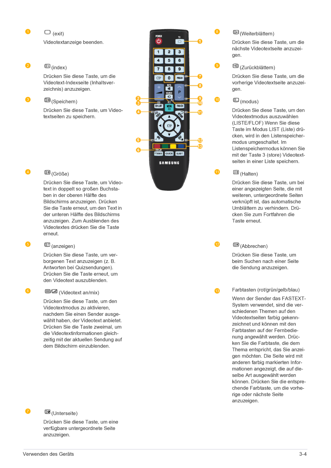 Samsung LS22FMDGF/EN manual Exit Videotextanzeige beenden Index 