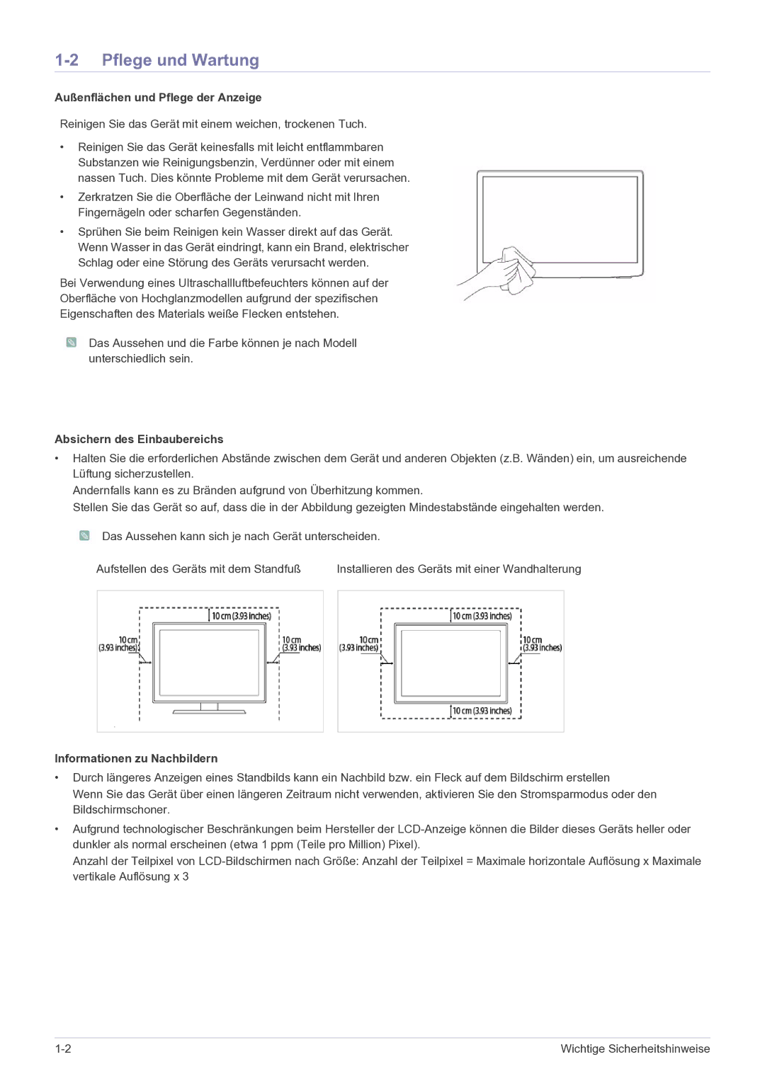 Samsung LS22FMDGF/EN manual Pflege und Wartung, Außenflächen und Pflege der Anzeige, Absichern des Einbaubereichs 