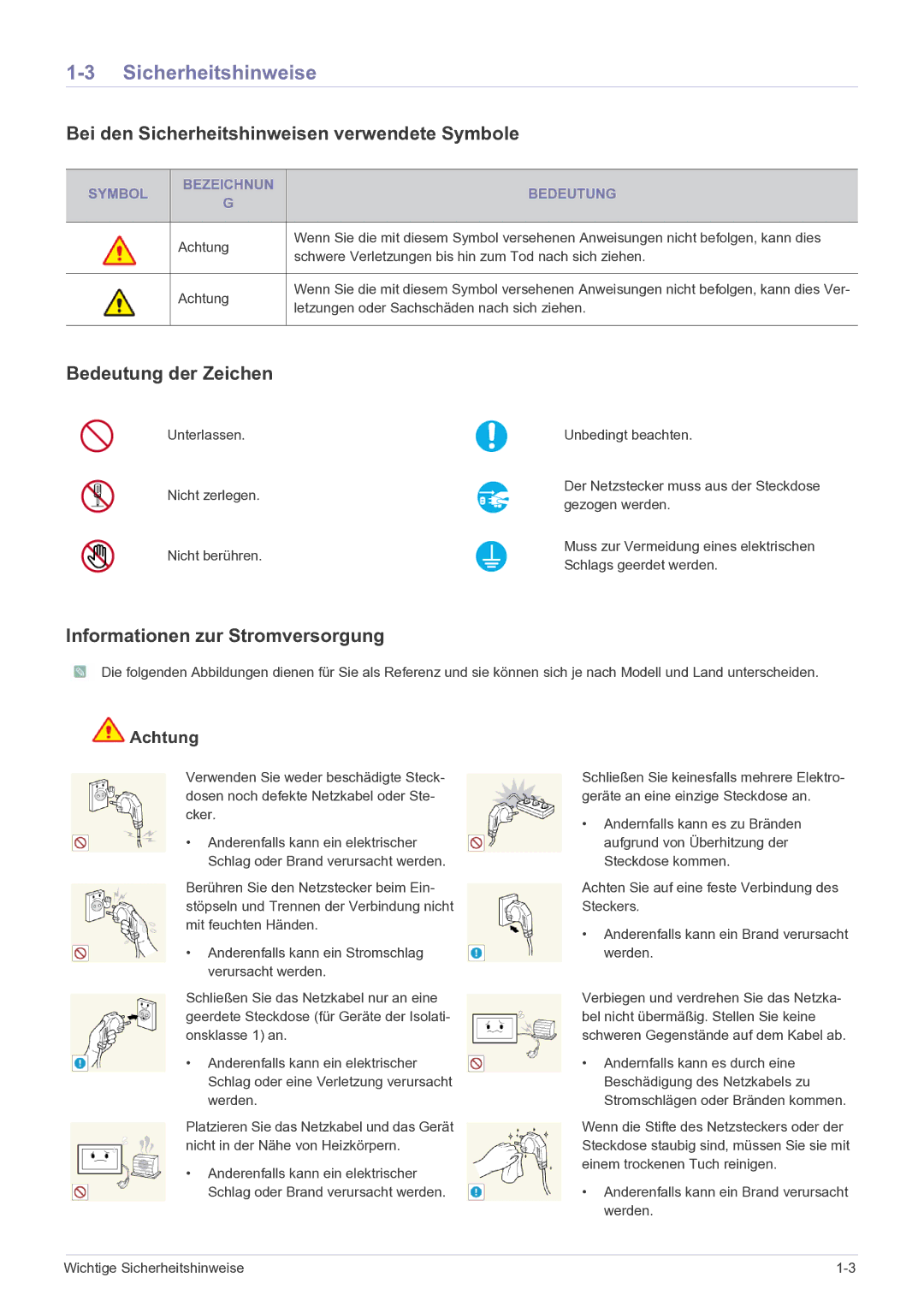 Samsung LS22FMDGF/EN manual Bei den Sicherheitshinweisen verwendete Symbole, Bedeutung der Zeichen 