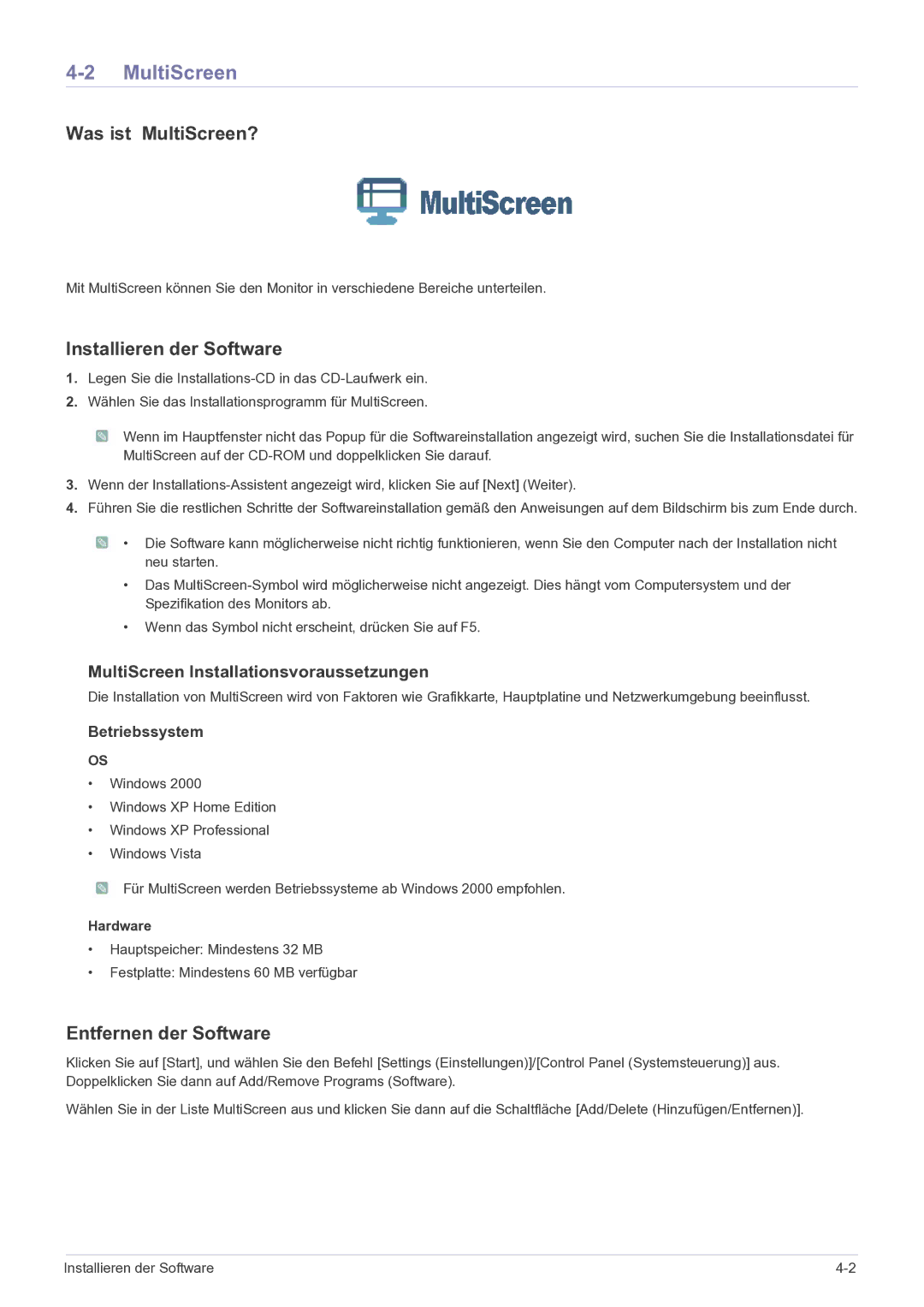 Samsung LS22FMDGF/EN manual Was ist MultiScreen?, Installieren der Software, Entfernen der Software, Hardware 