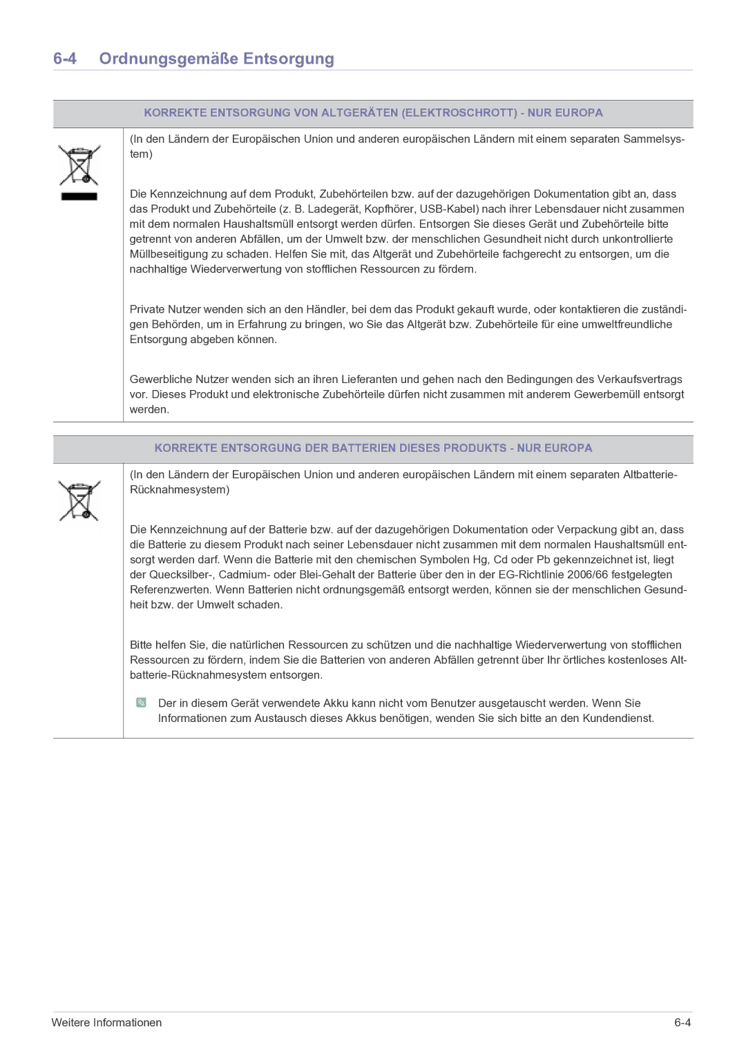 Samsung LS22FMDGF/EN manual Ordnungsgemäße Entsorgung, Korrekte Entsorgung VON Altgeräten Elektroschrott NUR Europa 