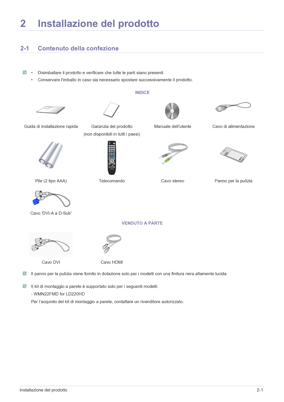 Samsung LS22FMDGF/EN manual Contenuto della confezione, Indice, Venduto a Parte 