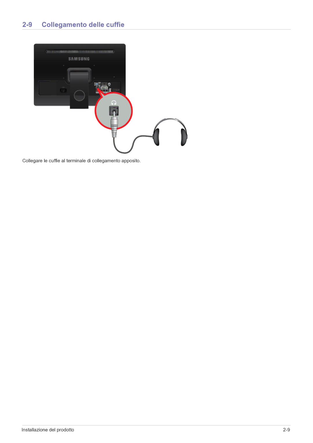 Samsung LS22FMDGF/EN manual Collegamento delle cuffie 