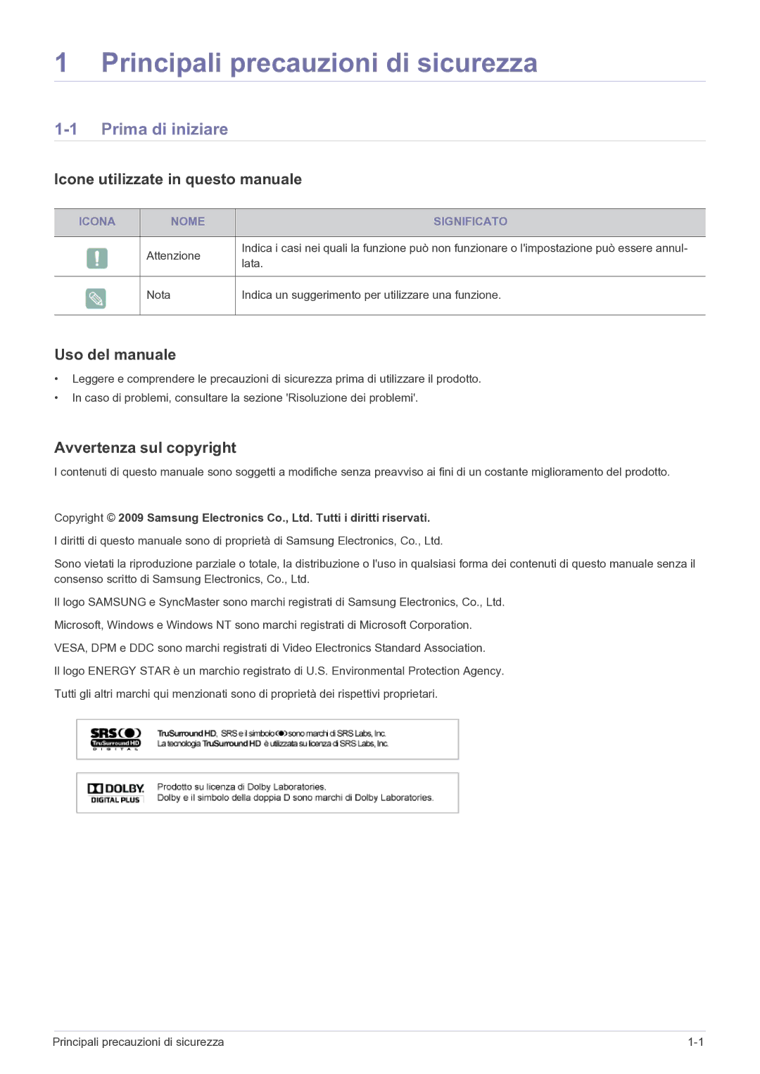 Samsung LS22FMDGF/EN Prima di iniziare, Icone utilizzate in questo manuale, Uso del manuale, Avvertenza sul copyright 