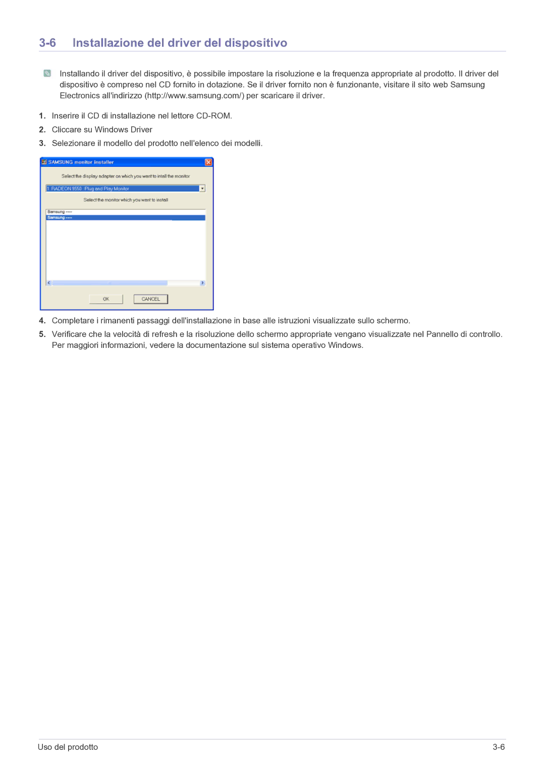 Samsung LS22FMDGF/EN manual Installazione del driver del dispositivo 