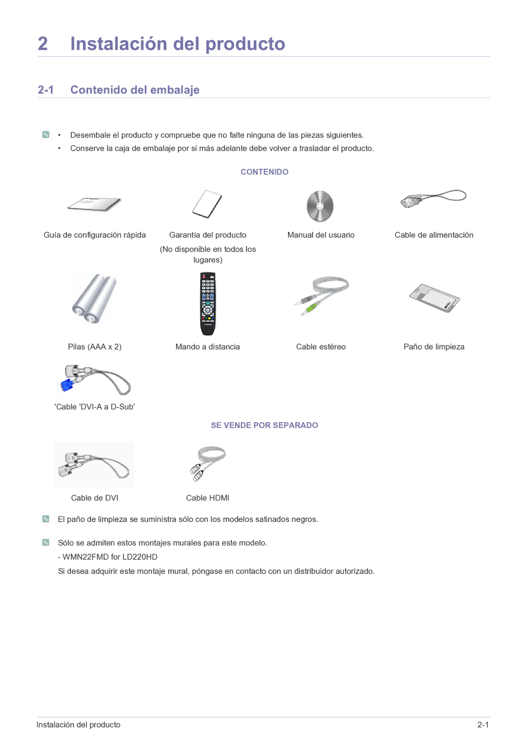 Samsung LS22FMDGF/EN manual Contenido del embalaje, SE Vende POR Separado 