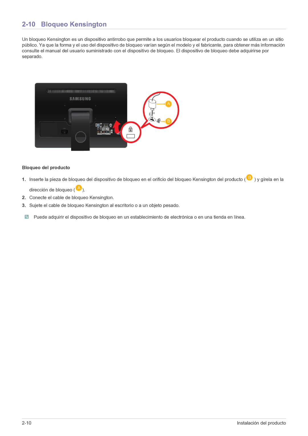 Samsung LS22FMDGF/EN manual Bloqueo Kensington, Bloqueo del producto 