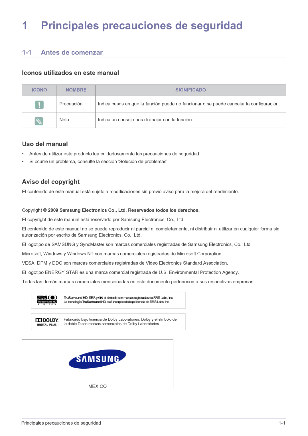 Samsung LS22FMDGF/EN Antes de comenzar, Iconos utilizados en este manual, Uso del manual, Aviso del copyright 