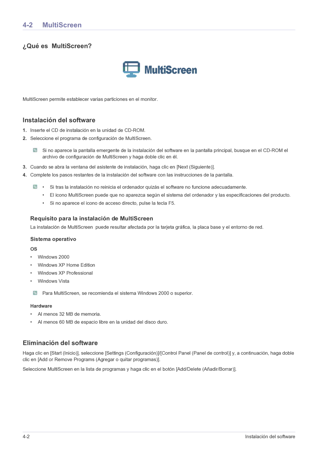 Samsung LS22FMDGF/EN manual ¿Qué es MultiScreen?, Instalación del software, Eliminación del software, Hardware 