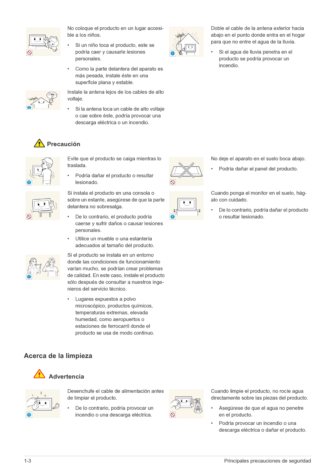 Samsung LS22FMDGF/EN manual Acerca de la limpieza, Asegúrese de que el agua no penetre en el producto 