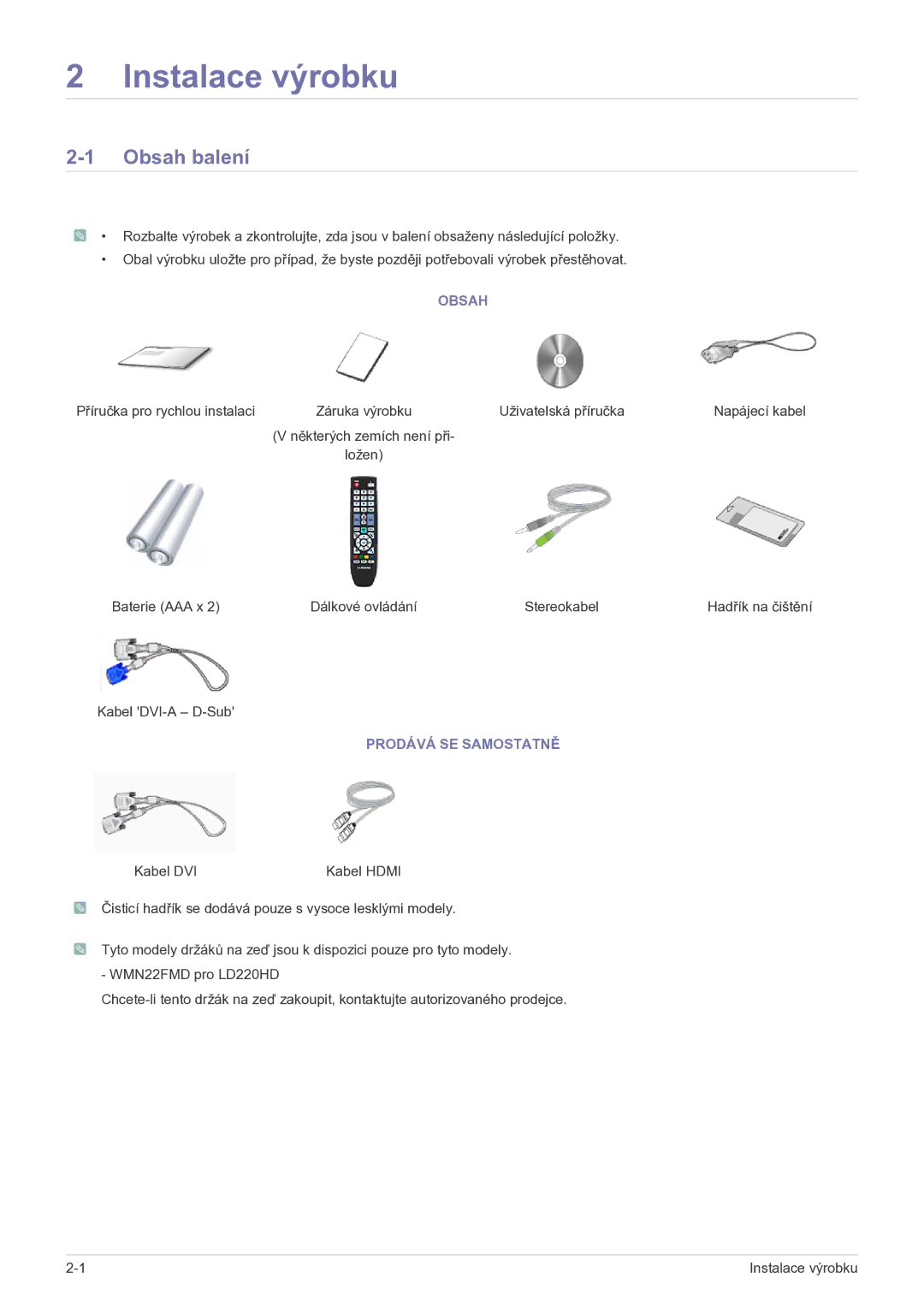 Samsung LS22FMDGF/EN manual Obsah balení, Prodává SE Samostatně 