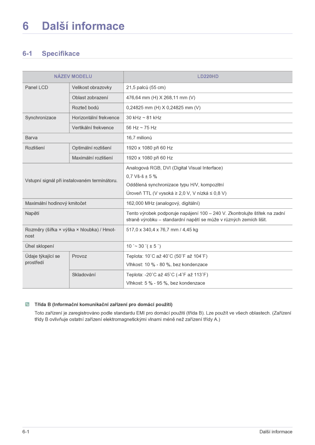 Samsung LS22FMDGF/EN manual Specifikace, Název Modelu LD220HD, Třída B Informační komunikační zařízení pro domácí použití 