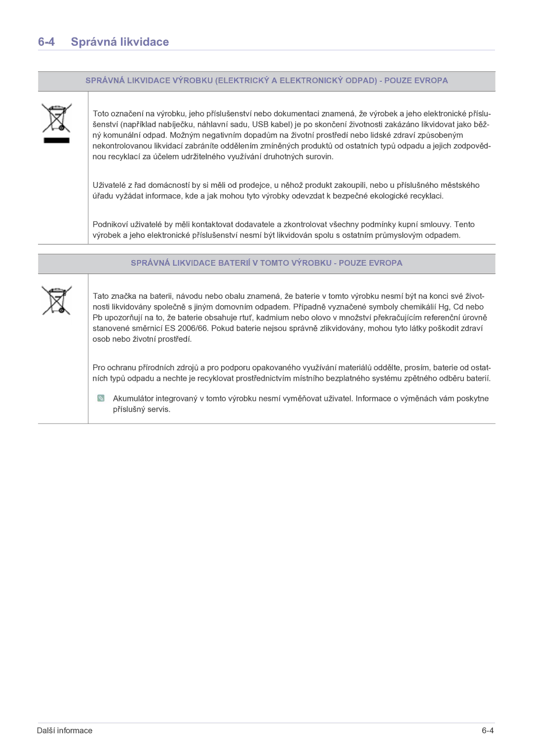 Samsung LS22FMDGF/EN manual Správná likvidace, Správná Likvidace Baterií V Tomto Výrobku Pouze Evropa 