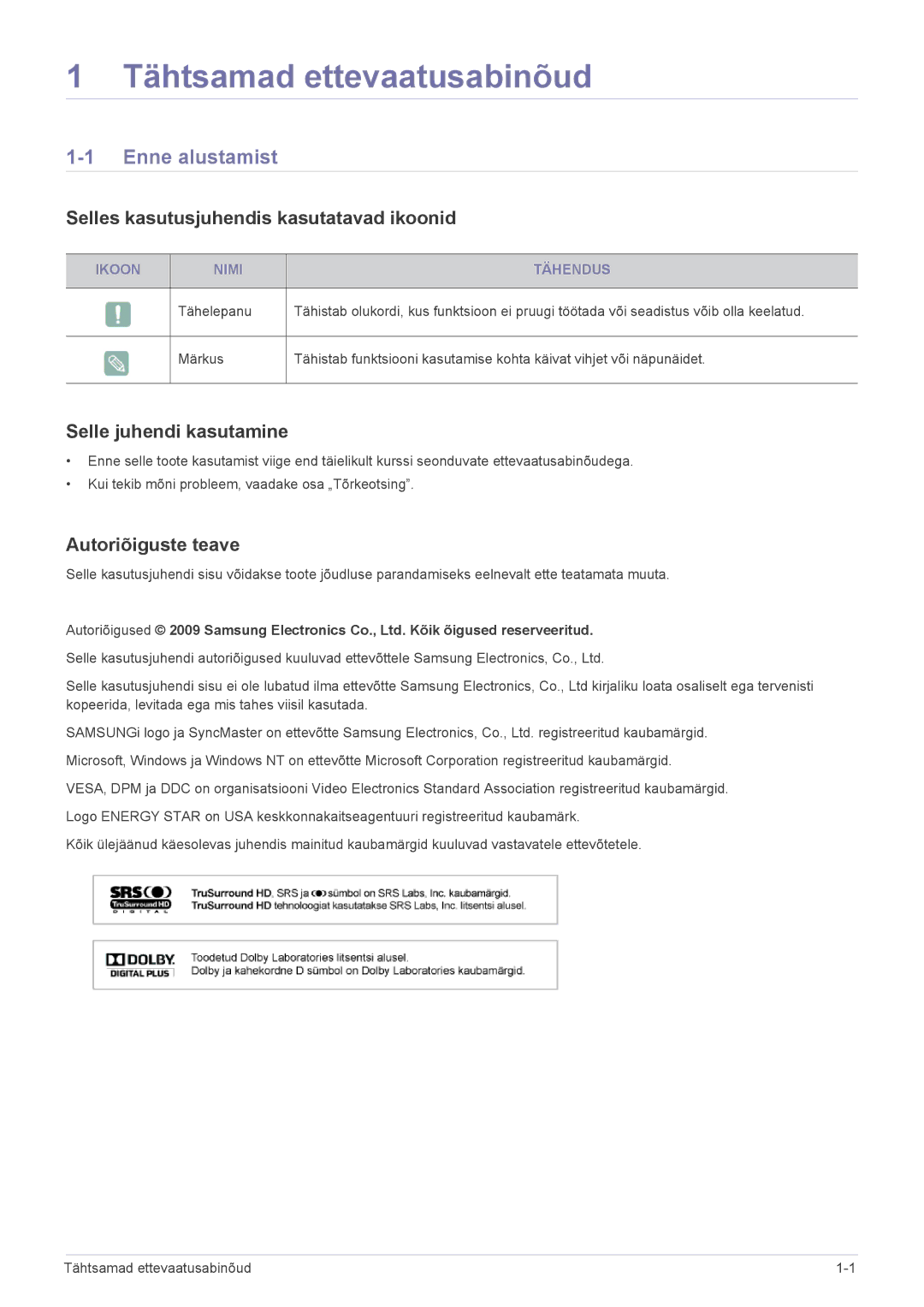 Samsung LS22FMDGF/EN manual Enne alustamist, Selles kasutusjuhendis kasutatavad ikoonid, Selle juhendi kasutamine 