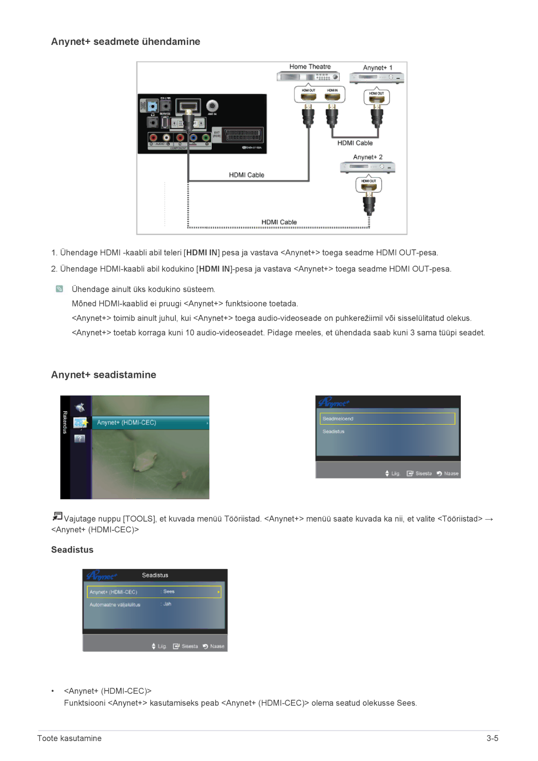 Samsung LS22FMDGF/EN manual Anynet+ seadmete ühendamine 